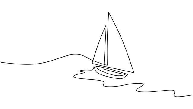 One line drawing of ship on ocean isolated on white background