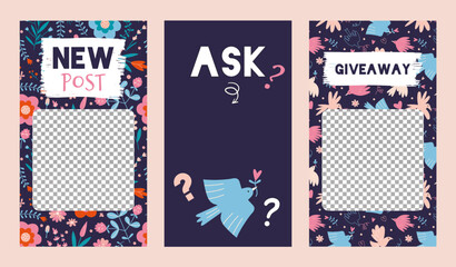 Trendy editable template for stories with spring vibe, vector  illustration. Banners for new post, Giveaway, Subscriber Questions, cartoon style. Backgrounds for social media.