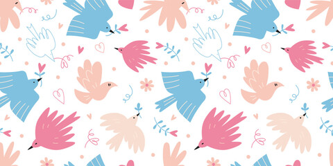 Seamless pattern with cute birds and hearts on a white background, cartoon style. Dove of peace, no war and freedom concept. Trendy modern vector illustration, hand drawn, flat
