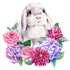 White Bunny with flowers on an isolated white background, watercolor illustration, cute rabbit, hand drawn