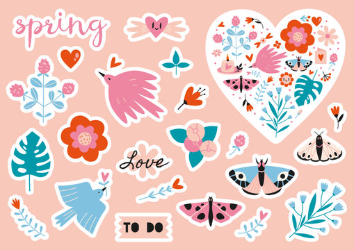 Set of  stickers for planner and diaries, vector flat illustration. Cute sticker pack with spring vibe, flower, hearts, birds, butterfly. Cartoon image and lettering. Decorations for notebook.
