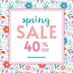 Spring sale 40 p.c. off banner template in pastel colors, cartoon style. Discount promotion layout poster for web or social media, advertising. Trendy modern vector illustration, hand drawn