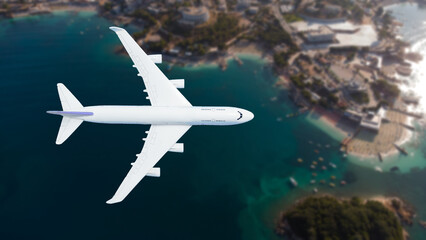 Airplane flying over beach with palm tree, white sand and turquoise ocean