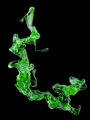 Abstract 3d fluid splash, green slime flow, colored 3d render, liquid abstraction on a black background, cocktail