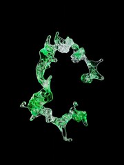 Abstract 3d fluid green slime splash, water slime flow, colored 3d render, liquid abstraction on a black background, cocktail