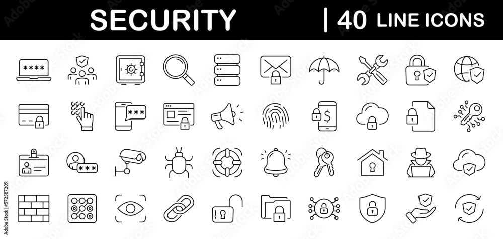 Aufkleber Security set of web icons in line style. Cyber Security and internet protection icons for web and mobile app. Password, security system, finger print, spy, electronic key and more. Vector illustration