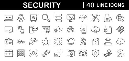 Fototapeta na wymiar Security set of web icons in line style. Cyber Security and internet protection icons for web and mobile app. Password, security system, finger print, spy, electronic key and more. Vector illustration