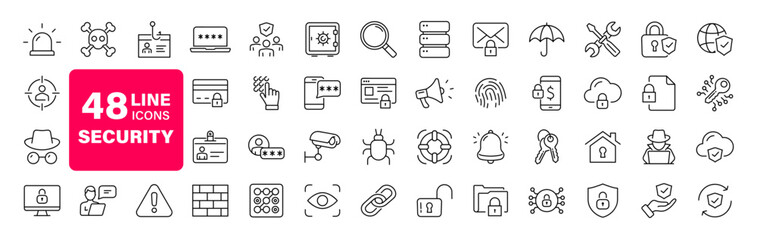 Security set of web icons in line style. Cyber Security and internet protection icons for web and mobile app. Password, security system, finger print, spy, electronic key and more. Vector illustration - obrazy, fototapety, plakaty