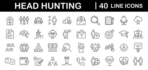 Headhunting set of web icons in line style. Recruitment icons for web and mobile app. Career, resume, job hiring, candidate, HR, business, headhunting, recruitment. Vector illustration - obrazy, fototapety, plakaty