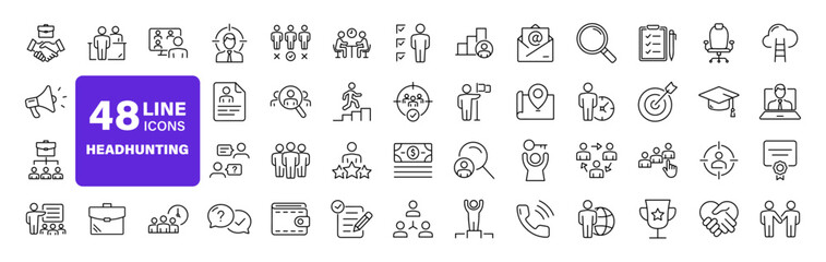 Fototapeta na wymiar Headhunting set of web icons in line style. Recruitment icons for web and mobile app. Career, resume, job hiring, candidate, HR, business, headhunting, recruitment. Vector illustration