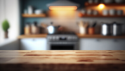 Fototapeta na wymiar Table en bois sur un fond flou de pièce de maison abstraite, cuisine, intérieur, mockup (AI) 