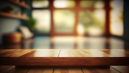 Table en bois sur un fond flou de pi&egrave;ce de maison abstraite, int&eacute;rieur, mockup (AI)	

