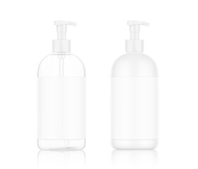 Realistic tall bottle with plastic dispensers set. Vector illustration isolated on white background. Ready for use in presentation, promo, advertising and more. EPS10.