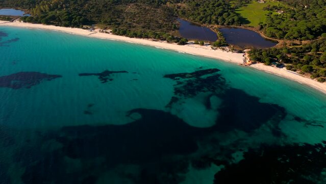 4K Drone view of Palombaggia beach in Corsica Island, France 