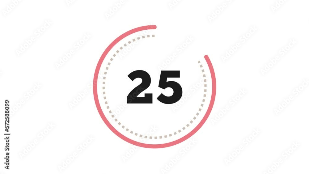 Poster 30 seconds dashed (dotted) circle countdown. coral pink and grey on white bg. big circle with inner 