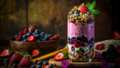 Fototapeta premium A colorful smoothie with layers of blended fruit and yogurt