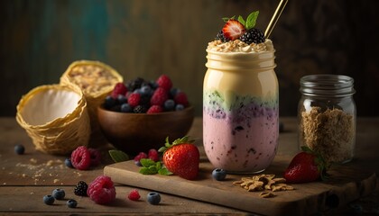 A colorful smoothie with layers of blended fruit and yogurt
