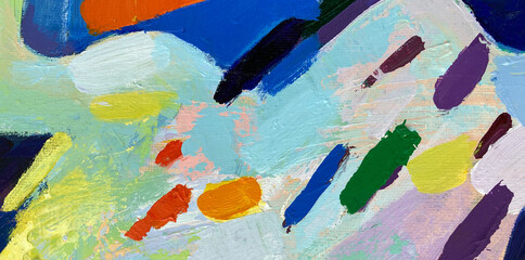 Fototapeta premium Colorful abstract painted background. Fragment of artwork. Modern art. Painting closeup. Abstract colorful background. Oil painting on canvas. Graffiti art texture. Vivid acrylic spots, brush strokes.