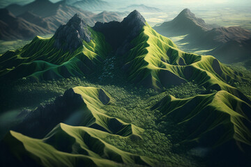 Aerial view of green hills valley generative AI