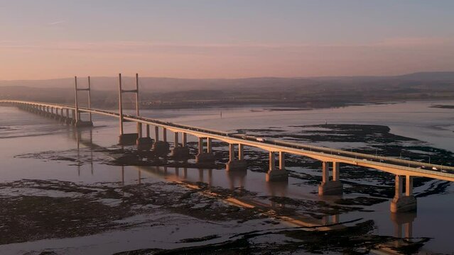 4k drone footage of the Severn Bridge at sunset in Gloucestershire, UK