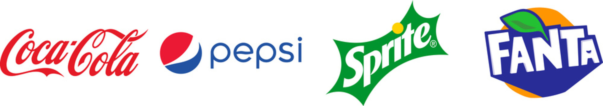 Carbonated soft drink logo set. Coca Cola, Pepsi, Fanta, Sprite drinks icons. Top drink company brand logo set on transparent background. PNG image