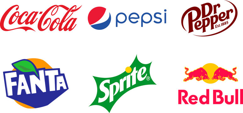 Carbonated soft drink logo set. Coca Cola, Pepsi, Dr Pepper, Red Bull, Fanta, Sprite drinks icons. Top drink company brand logo set on transparent background. PNG image