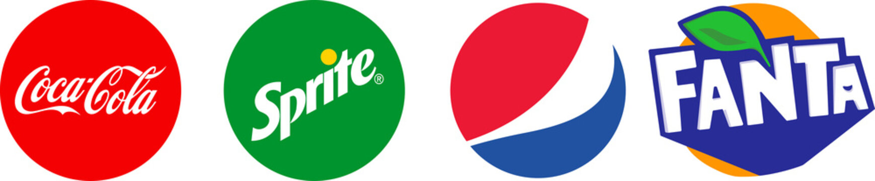 Carbonated soft drink logo set. Coca Cola, Pepsi, Fanta, Sprite drinks icons. Top drink company brand logo set on transparent background. PNG image