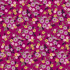 Seamless floral pattern, liberty ditsy print with vintage motif. Beautiful botanical design with small hand drawn plants: tiny flowers, leaves on a burgundy background. Vector illustration.