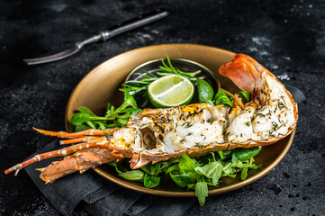 Grilled Spiny lobster with salad on a plate. Black background. Top view