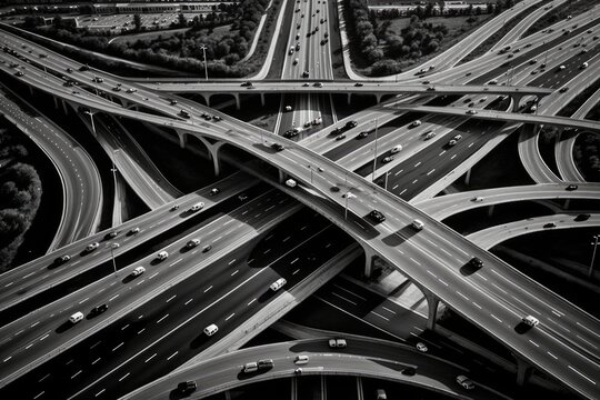 Order from chaos, hundred highways crossing, aerial view, black and white blog photography concept, AI generated