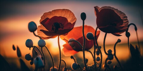 Blurred low angle photography of poppy flowers with sunset background, AI generated.