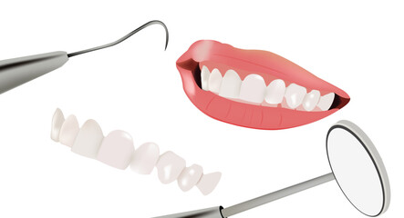 Female lips with white teeth and dentist equipment-
