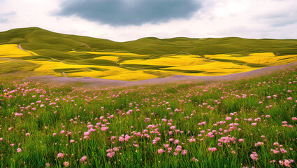 Fototapeta premium Picturesque Wildflower-Covered Green Grassland Hills Landscape Scene With Golden Hour Pastel Pink/Purple/Blue Sky and Light Clouds For a Peaceful Spring and Earth Day Produced By Generative AI
