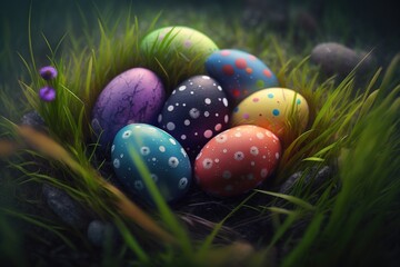 Closeup colorful easter eggs on green grass field created with Generative AI technology