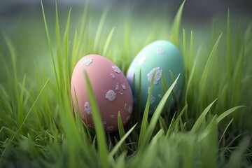 Easter eggs on green grass created with Generative AI technology