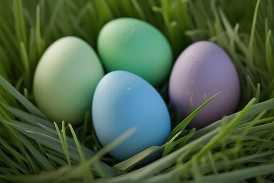 Many colorful easter eggs on green grass created with Generative AI technology