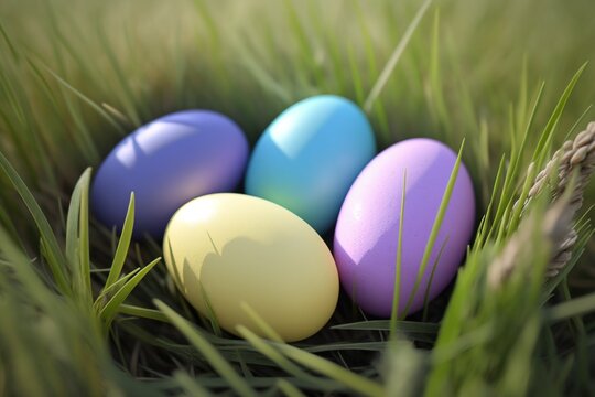 Pastel colored easter eggs on green grass created with Generative AI technology