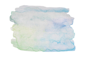 Obraz premium Abstract watercolor aquarelle background. Design element blue with green in light pastel shades. Natural ombré gradient with blurred water drops. Isolated on transparent background, png. 