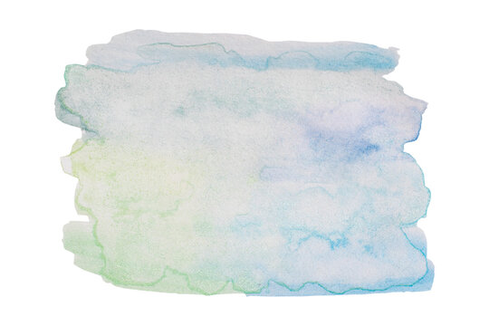 Abstract watercolor aquarelle background. Design element blue with green in light pastel shades. Natural ombré gradient with blurred water drops. Isolated on transparent background, png. 
