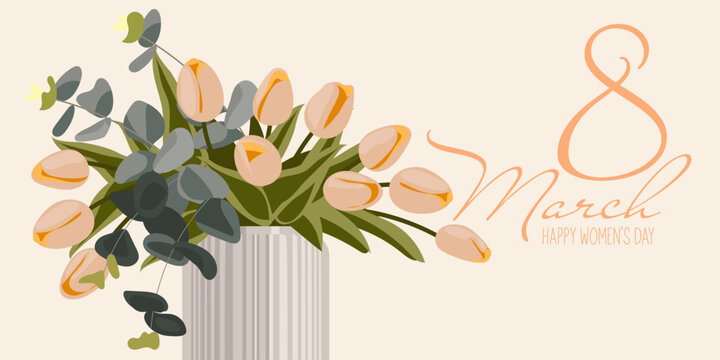 A bouquet of spring flowers in a vase by March 8. The tulips are pink with an inscription. Flat design. Hand-drawn fashionable vector greeting card. Printing on paper