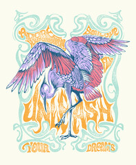 a vintage inspired design in Art Nouveau poster style  with a bird and retro style wordings illustration to showcase the slogan Unleash Your Dreams