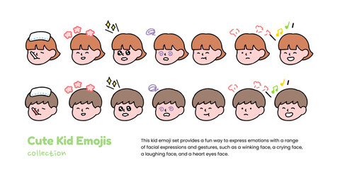 A set of cute kid emojis pleading, showing love, crying, and showing shock, isolated on a background vector illustration.