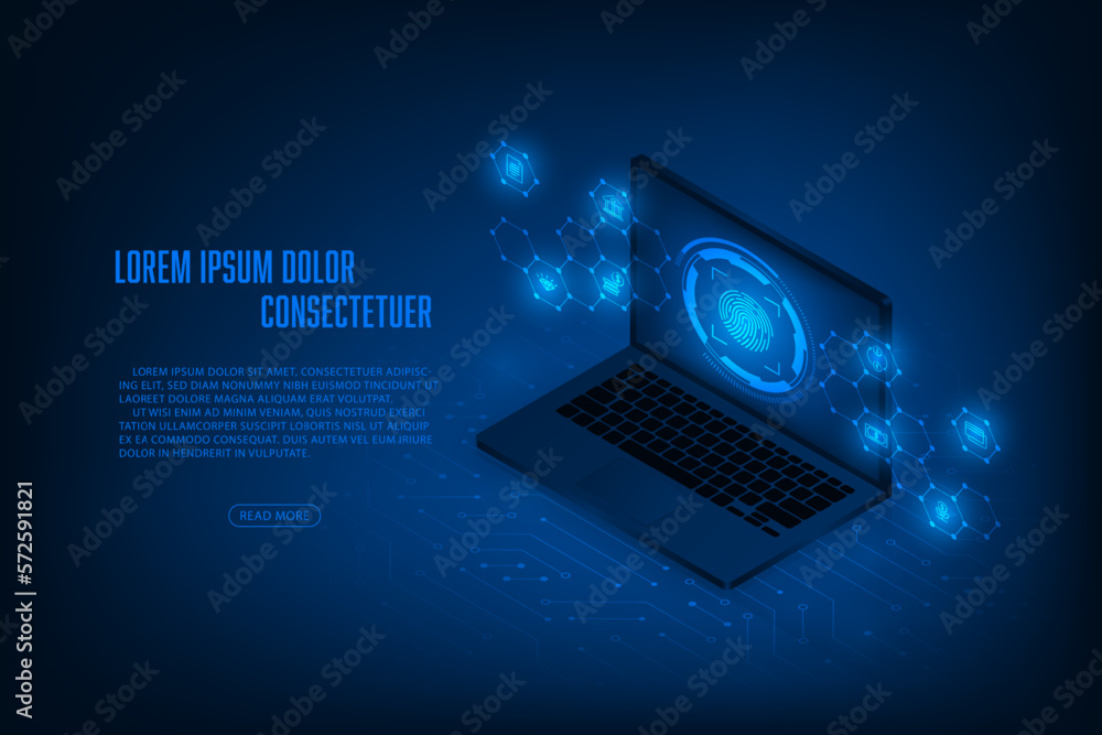 Poster vector isometric laptop security online banking application concept. fingerprint on circuit board wi
