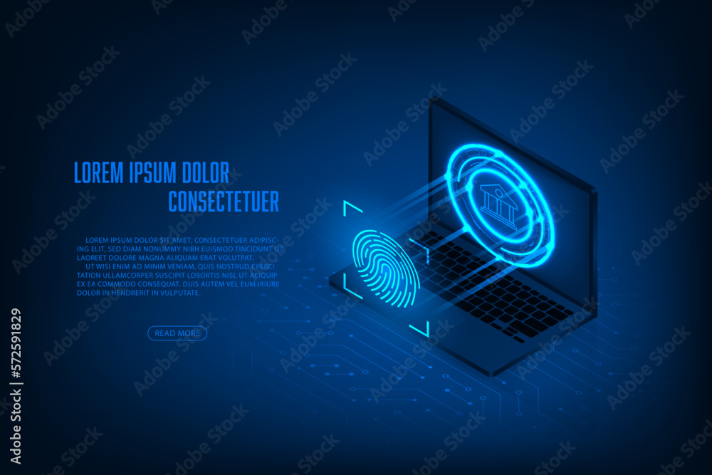 Poster vector isometric technology cyber security online banking concept. fingerprint on circuit board with