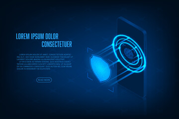 Vector isometric smartphone security with shield concept Technology abstract background.
