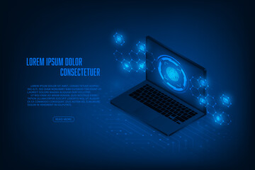 Vector isometric laptop security online banking application concept. Fingerprint on circuit board with laptop.