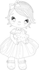 Cute cartoon girl with star toy sketch template. Graphic vector illustration in black and white for games, background, pattern, decor. Childrens story book, fairytail, coloring paper, page, print