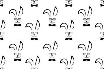 Fototapeta na wymiar Seamless pattern with easter bunny. Creative endless background with black and white rabbit in bow tie and glasses. Gentleman bunny ornament.