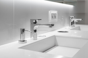 Close-up of two stylish sinks with faucets in white bathroom with a bevelled mirror and backlight. Concept of a modern stylish bathroom for a hotel or spacious home
