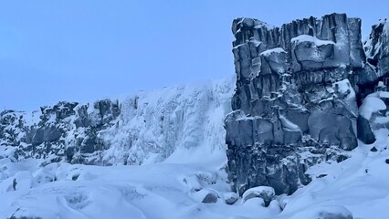 Fototapeta na wymiar Oxararfoss waterfall in winter, Iceland